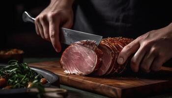 mão fatias fresco carne de porco para gourmet refeição em rústico corte borda gerado de ai foto