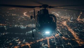 moderno helicóptero dentro meio ar sobre brilhando cidade arranha-céus gerado de ai foto