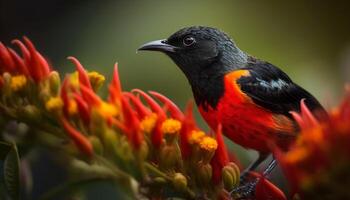 vibrante pássaro poleiros em filial, admirando colorida flor Flor gerado de ai foto