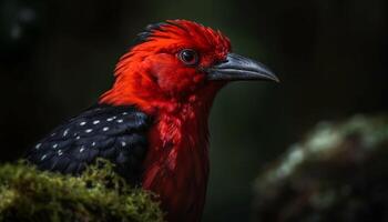 colorida galo empoleirado em filial, olhando a Câmera dentro floresta gerado de ai foto