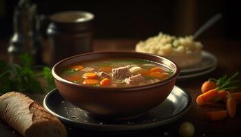 saudável vegetal sopa com fresco cenouras e caseiro pão tigela gerado de ai foto