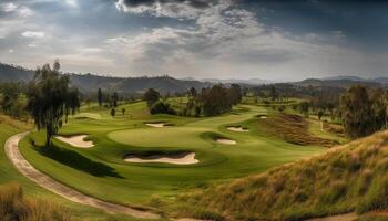 verde paisagem, tranquilo Prado, golfe clube, verão lazer atividade gerado de ai foto