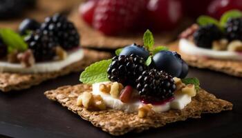 indulgente gourmet sobremesa prato com fresco baga variações e chocolate gerado de ai foto