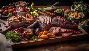 grelhado carne de porco bife em rústico madeira mesa com fresco legumes gerado de ai foto