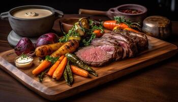 grelhado bife filé em rústico de madeira corte quadro, gourmet refeição gerado de ai foto