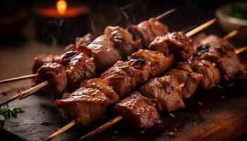 grelhado carne espetos em madeira placa, pronto para comer Aperitivo gerado de ai foto