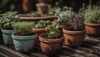 fresco verde em vaso plantar cresce dentro terracota flor Panela ao ar livre gerado de ai foto