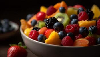 fresco fruta salada com uma variedade do colorida bagas e iogurte gerado de ai foto