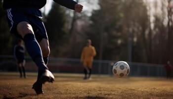 homens chutando futebol bola ao ar livre, competindo dentro equipe esporte rivalidade gerado de ai foto