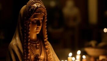 luz de velas ilumina sereno estátua do Mary, simbolizando espiritualidade e amor gerado de ai foto