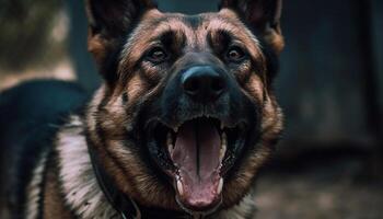 fofa alemão pastor cachorro sentado ao ar livre, olhando às Câmera sorridente gerado de ai foto