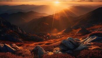 majestoso montanha faixa, tranquilo Prado, panorâmico pôr do sol, natureza beleza gerado de ai foto