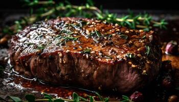 grelhado lombo bife, cozinhou raro com erva tempero e chama gerado de ai foto