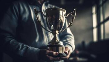 homem de negocios segurando troféu comemora sucesso com confiança e determinação gerado de ai foto