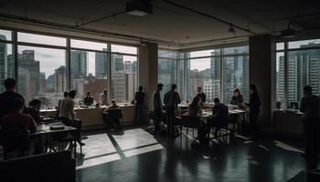 o negócio pessoas discutindo estratégia dentro moderno escritório com cidade Visão gerado de ai foto