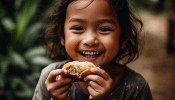 sorridente menina desfrutando doce lanche, brincalhão e alegre ao ar livre gerado de ai foto