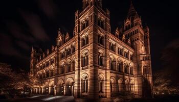 a gótico pináculo ilumina a velho britânico Cidade corredor às crepúsculo gerado de ai foto