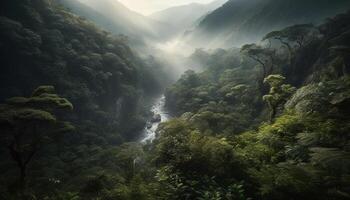 aventura dentro a enevoado montanha faixa, natureza beleza revelado gerado de ai foto