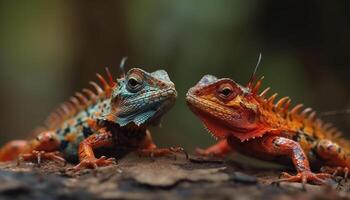 dois chifrudo lagartos olhando fofa em verde ramo dentro floresta gerado de ai foto