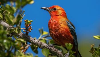 vibrante abelha comedor empoleirar-se em verde filial, cercado de natureza beleza gerado de ai foto