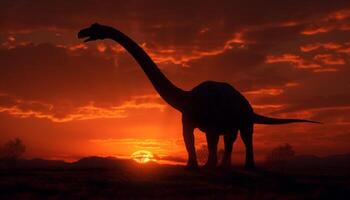 majestoso silhueta do chifrudo dinossauro pastar dentro africano savana gerado de ai foto