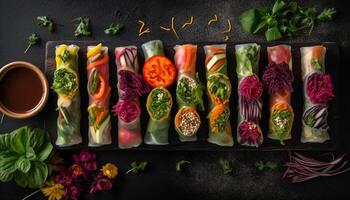 fresco vegetal salada com multi colori orgânico ingredientes em rústico madeira mesa gerado de ai foto