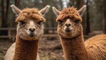 fofa alpaca retrato, olhando às Câmera dentro rural Fazenda gerado de ai foto