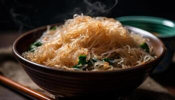 saudável vegetal sopa com carne de porco e aletria dentro chinês cultura gerado de ai foto