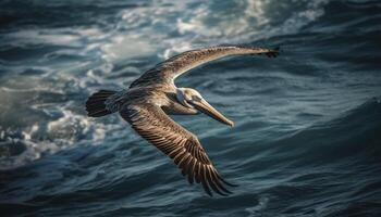 pelicano e gaivota espalhar asas levando fora sobre tranquilo marinha gerado de ai foto