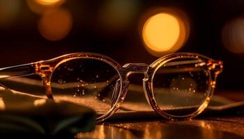 brilhante Óculos refletir elegante verão noite iluminação equipamento em mesa gerado de ai foto