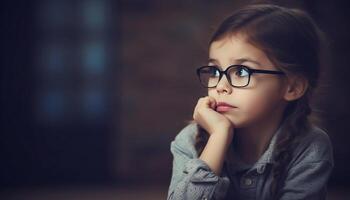 triste menina com Óculos dentro sala de aula, mão em queixo, contemplando gerado de ai foto