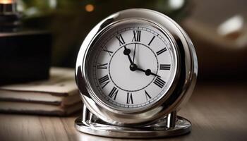 velho formado alarme relógio em de madeira mesa, Tempo para sucesso gerado de ai foto