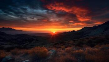 majestoso montanha alcance recortado contra dramático crepúsculo céu, tranquilo cena gerado de ai foto