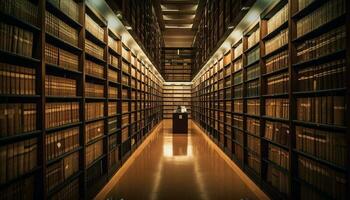 corredor do livros didáticos dentro uma moderno biblioteca, iluminado para estudando gerado de ai foto