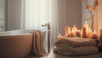 luxo spa tratamento dentro moderno banheiro com luz de velas relaxamento gerado de ai foto