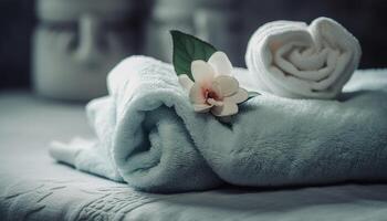 luxo spa tratamento com fresco orquídea e suave toalha pilha gerado de ai foto