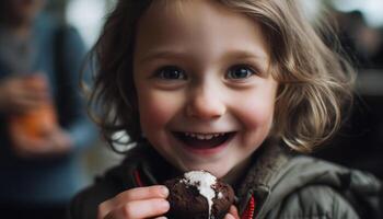 sorridente caucasiano criança pequena desfrutando chocolate doce, despreocupado e indulgente gerado de ai foto