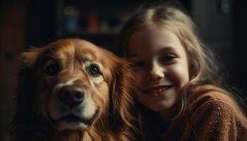 fofa menina sorridente com dela animal filhote de cachorro, abraçando amor juntos gerado de ai foto