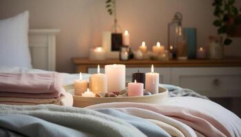 luxo luz de velas quarto com confortável roupa de cama para final relaxamento gerado de ai foto