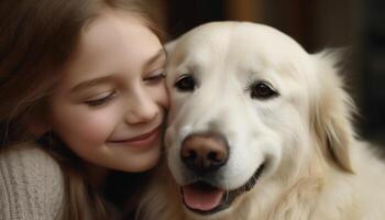 fofa criança abraçando brincalhão filhote de cachorro, sorridente para retrato ao ar livre gerado de ai foto