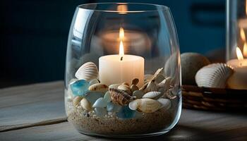 Concha do mar e estrelas do mar decoração em madeira mesa com luz de velas gerado de ai foto