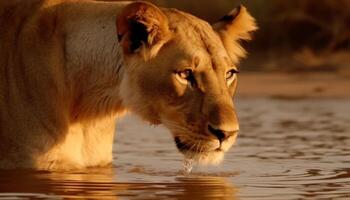 majestoso leoa encarando às Câmera dentro tranquilo savana pôr do sol gerado de ai foto