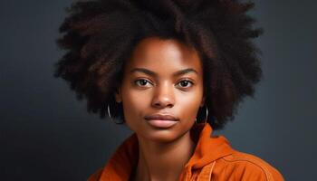 jovem mulher com encaracolado cabelo sorridente com confiança às Câmera dentro de casa gerado de ai foto