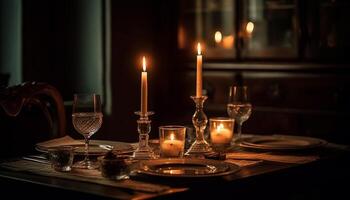 luxo luz de velas ilumina elegante jantar mesa para uma romântico celebração gerado de ai foto