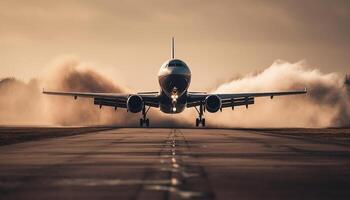 vôo passageiro avião levando fora para dentro azul pôr do sol céu gerado de ai foto