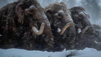 ampla elefante rebanho caminhando através Nevado africano floresta, fechar acima retrato gerado de ai foto