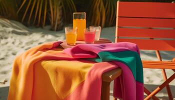 vibrante multi colori toalhas pilha em de madeira cadeira para verão relaxamento gerado de ai foto