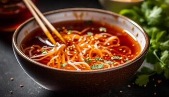 recentemente cozinhou gourmet sopa com carne de porco, vegetais, e pauzinhos gerado de ai foto