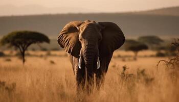 africano elefante rebanho pastar dentro tranquilo savana região selvagem às pôr do sol gerado de ai foto