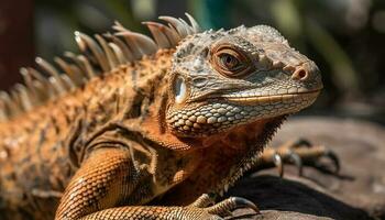 verde iguana rasteja em ramo dentro tropical floresta tropical animais selvagens reserva gerado de ai foto